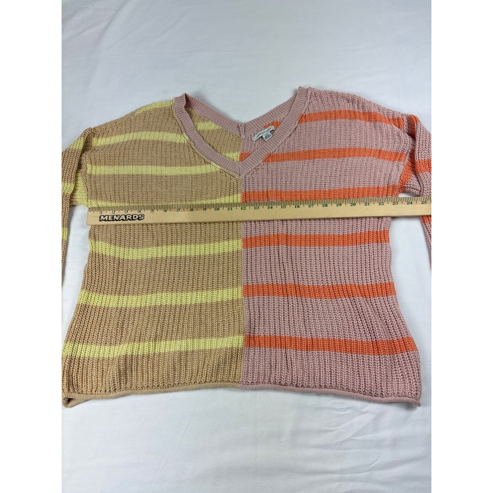 American Eagle Striped Colorblock V-Neck Sweater Womens Large Cotton Shaker Knit - Picture 2 of 6
